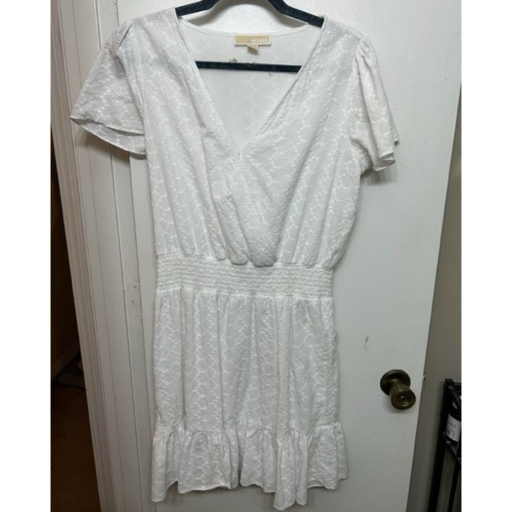 Michael Kors Ruffle Sleeve Smocked Waist Eyelet V-neck Dress - Size L - White